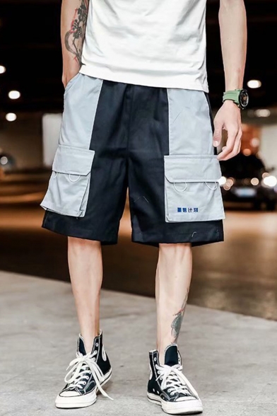 Men's Street Style Trendy Colorblock Flap Pocket Black Cotton Casual Loose Cargo Shorts