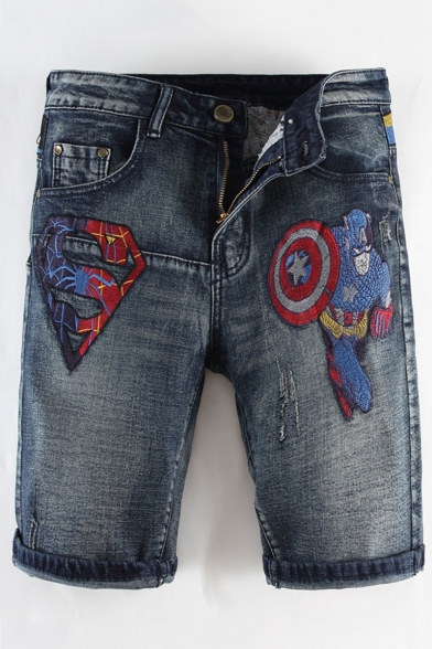 Men's Summer Fashion Hot Movie Character Embroidery Pattern Casual Denim Shorts