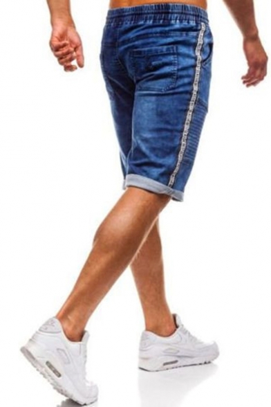 Men's Summer Fashion Tape Side Pleated Detail Drawstring Waist Rolled Cuffs Blue Denim Shorts