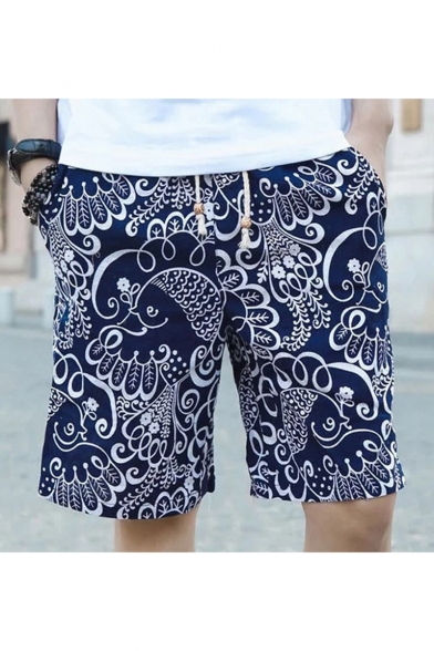 Men's Summer New Floral Pattern Quick Drying Drawstring Waist Beach Shorts Swim Trunks with Pockets
