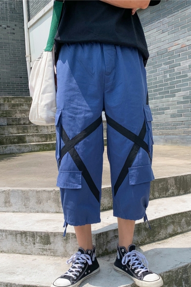Men's Summer Trendy Cross Tape Patched Drawstring Cuffs Cropped Cargo Pants