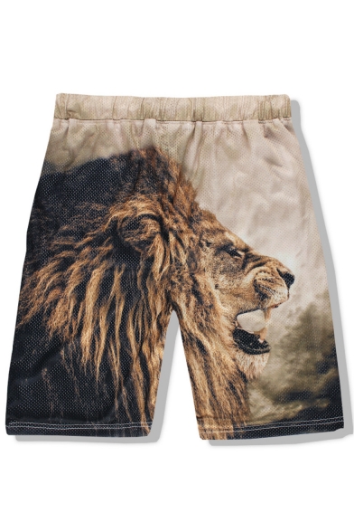 Men's Trendy 3D Lion Printed Drawstring Waist Quick-drying Breathable Khaki Casual Athletic Shorts