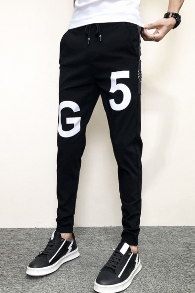 Men's Trendy Letter G5 Printed Metal Ring Embellished Black Drawstring Waist Casual Slim Pencil Pants