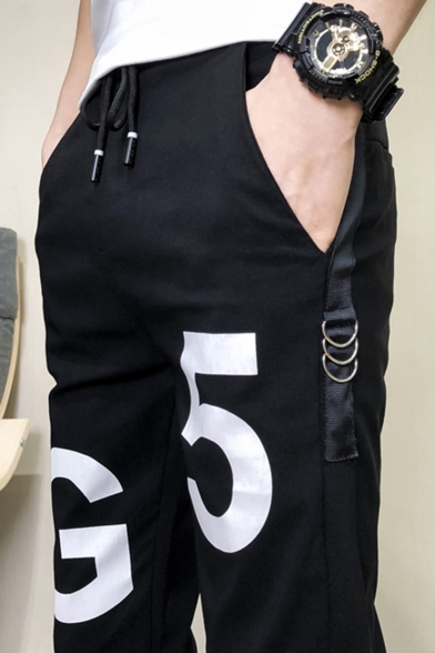 Men's Trendy Letter G5 Printed Metal Ring Embellished Black Drawstring Waist Casual Slim Pencil Pants