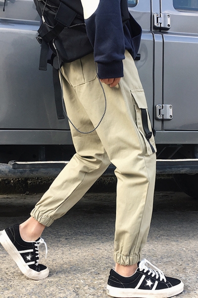 Men's Trendy Letter Printed Buckle Strap Embellished Multi-pocket Cargo Pants