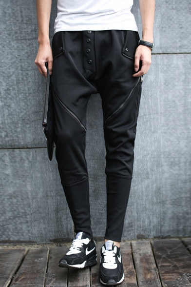 Men's Trendy Simple Plain Button Zipper Embellished Casual Slim Pencil Pants