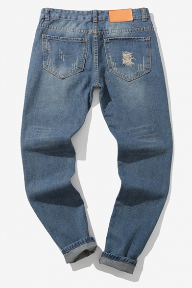 Men's Trendy Vintage Washed Blue Casual Destroyed Ripped Jeans