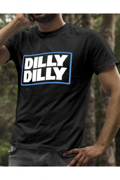 Mens Funny Letter DILLY DILLY Pattern Black Short Sleeve Casual Tee