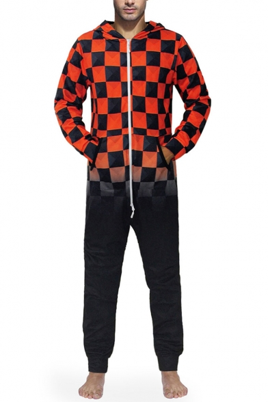 Mens New Stylish Black and Red Colorblock Plaid Printed Long Sleeve Hooded Zip Up One Piece Sleepwear Lounge Jumpsuits
