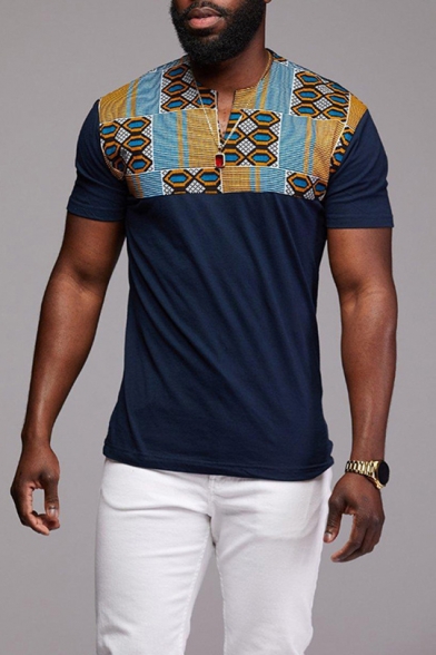 SportsX Men African Floral Print V Neck Mid-Long Long Sleeve Relaxed T-Shirt 
