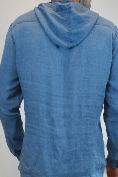 Mens Unique Simple Plain V-Neck Long Sleeve Hooded Casual Linen Shirt Blouse