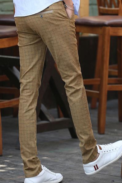 New Fashion Plaid Pattern Slim Fit Men's Casual Cotton Dress Pants