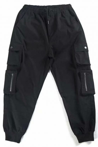 New Fashion Plain 4-pocket Styling Drawstring Waist Elastic Cuff Men's Casual Cotton Cargo Pants