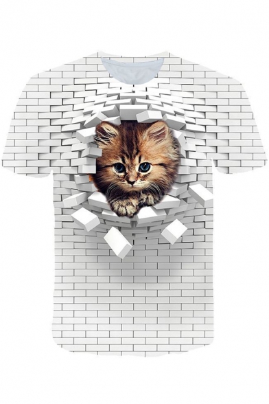 New Stylish Cool 3D White Wall Cat Print Round Neck Short Sleeve Casual Tee