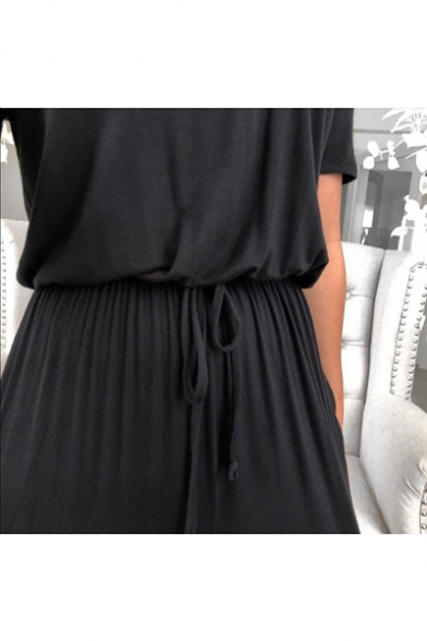 New Stylish Fancy Womens Plain Drawstring Waist Off Shoulder Short Sleeves Casual Jumpsuit