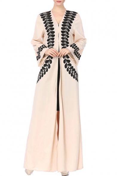 New Stylish Womens Long Sleeve Leaf Print Floor Length Maxi Cardigan Dress