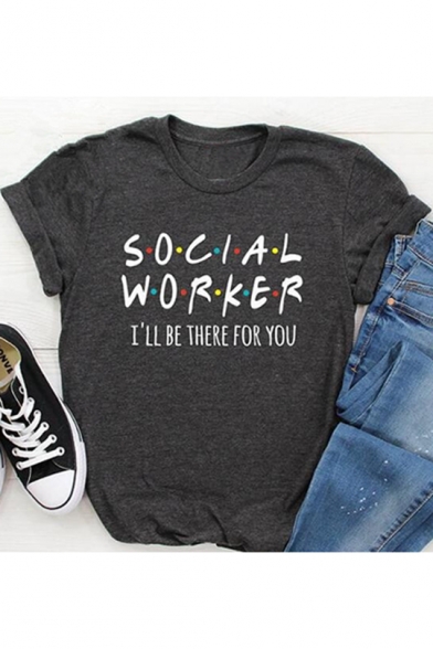 New Trendy Dot Letter SOCIAL WORKER Print Round Neck Short Sleeve Loose T-Shirt