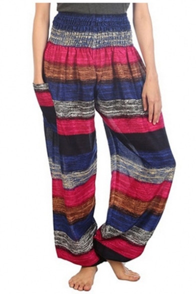 New Trendy Multicolor Striped Pocket Side Elastic Waist Wide Leg Bloomer Pants