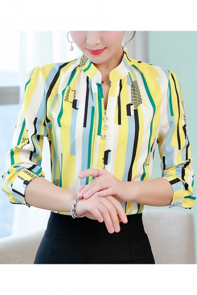 Office Lady Fashion Vertical Striped Long Sleeve Stand Collar Fitted Shirt Blouse