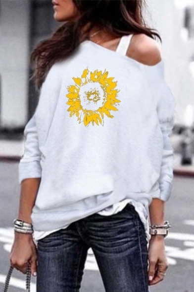 Popular Womens Sunflower Print One Shoulder Long Sleeve Casual Sweatshirt