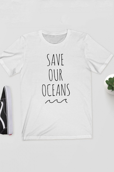 

SAVE OUR OCEANS Letter Round Neck Short Sleeve White Basic Tee, LC547379