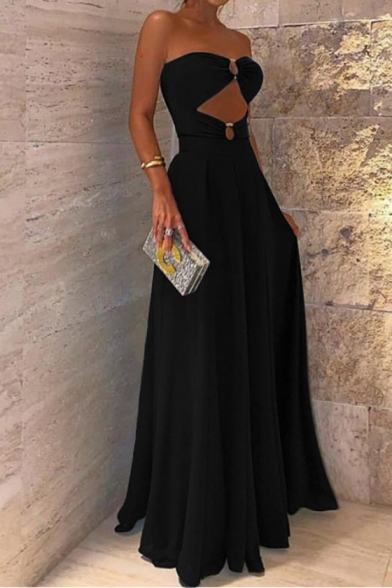 Sexy Hot Popular Cutout Strapless Sleeveless Black Party Maxi Dress