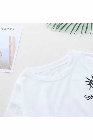 Simple Cartoon Letter SUNSHINE Printed Patched Fake Two-Piece Loose Fit T-Shirt