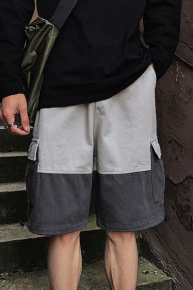 Simple Fashion Color Block Double Flap Pocket Side Drawstring Hem Design Grey Casual Cargo Shorts