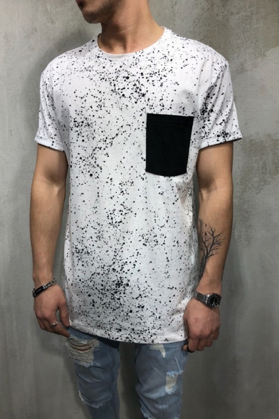 Simple Ink Dot Printed One Pocket Patched Round Neck Short Sleeve Fitted Hipster T-Shirt for Men