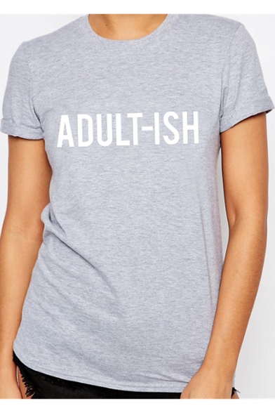Street Letter ADULT-ISH Print Round Neck Short Sleeve Grey T-Shirt