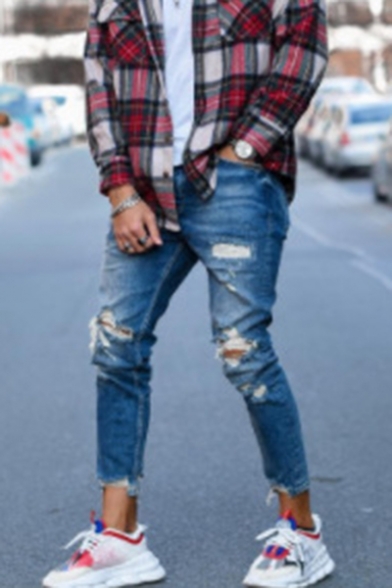 Street Trendy Cool Knee Cut Blue Slim Distressed Ripped Jeans for Men