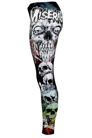 Stylish Halloween Style Elastic Waist Colorful Letter Skull Printed Fitted Legging Pants