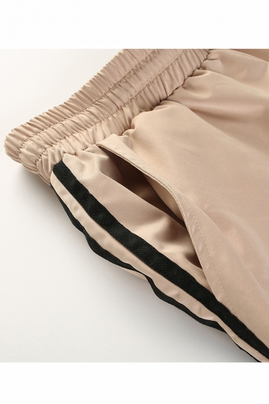 Stylish Khaki Drawstring Waist Striped Side Elastic Cuff Casual Loose Pants
