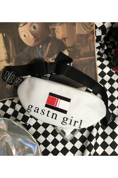 Stylish Letter GASTN GIRL Colorblock Stripe Printed White Crossbody Belt Bag 30*13 CM