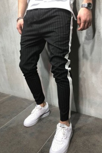 Stylish Pinstripe Pattern Contrast Patched Men's Fashion Casual Pencil Pants