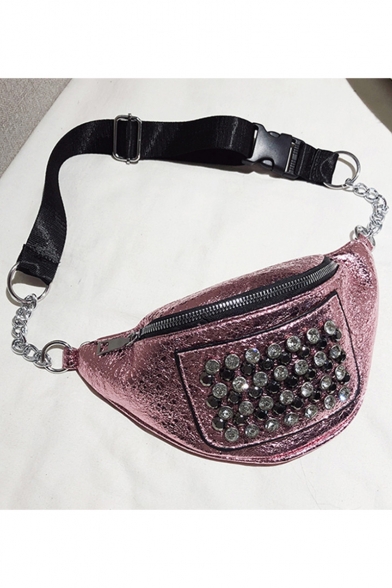 Stylish Solid Color Rhinestone Embellishment Crossbody Waist Belt Bag 27*17*6 CM