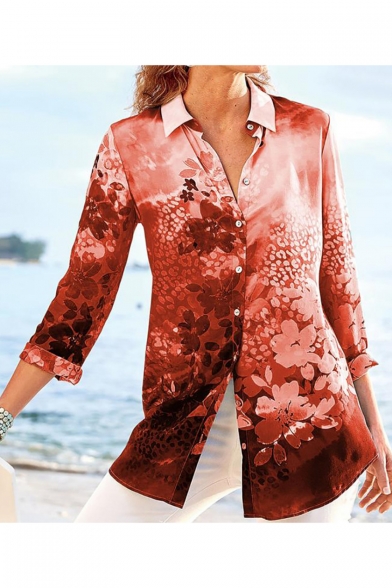 Stylish Womens Elegant Floral Print Nine Point Sleeve Button Down Holiday Fitted Shirt