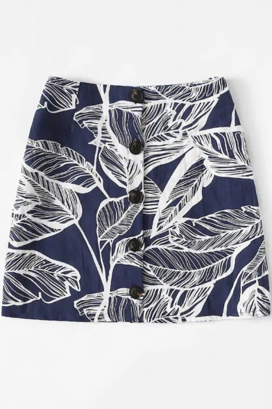 Summer Chic Leaf Printed Button Down Mini A-Line Skirt for Women