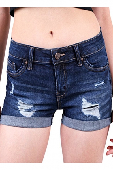 Summer Distressed Ripped Rolled Cuff Blue Denim Shorts
