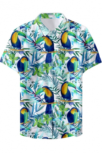 Summer Fashion Holiday Floral Bird Parrot Printed Short Sleeve Hawaiian Shirt for Guys