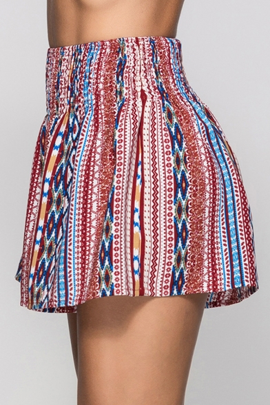 Summer Fashion Red Tribal Stripe Print Elastic Waist Culottes Shorts for Women