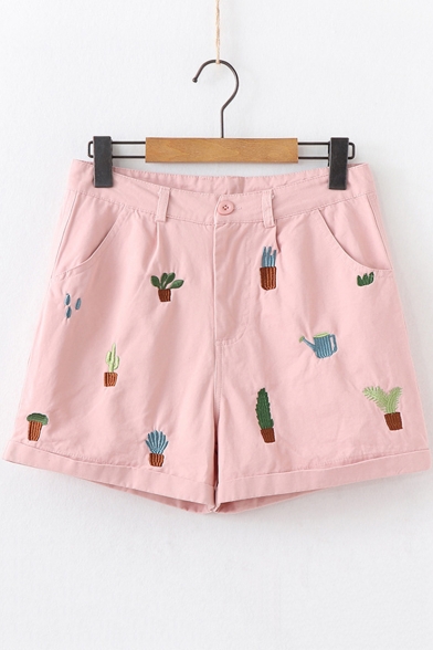 Summer Girls Cute Cactus Embroidery Rolled Cuff Loose Casual Shorts