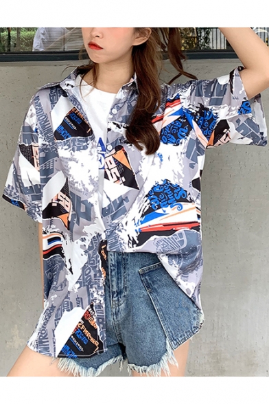 Summer Girls Street Fashion Pattern Short Sleeve Casual Button Shirt
