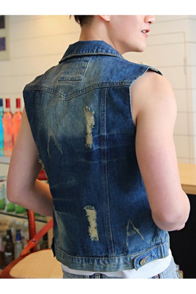 Summer Guys Vintage Distressed Ripped Stand Collar Sleeveless Button Down Blue Denim Vest