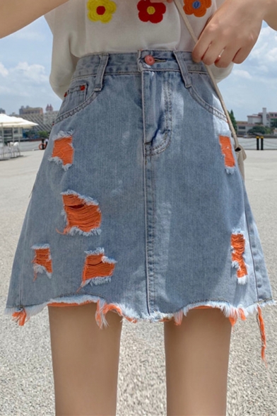 Summer Hot Fashion High Waist Colorblock Ripped Asymmetric Fringe Hem Mini A-Line Denim Skirt