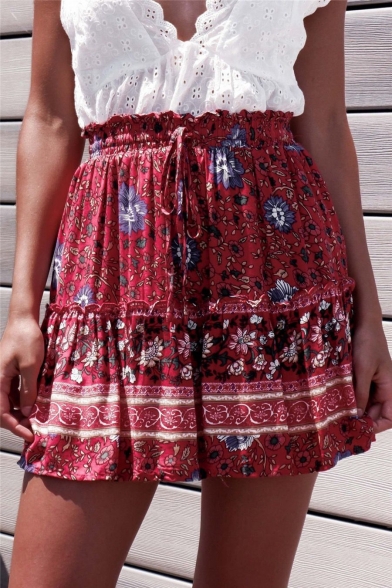 Summer Hot Fashion Ruffled Tied Waist High Rise Floral Print Mini A-Line Beach Skirt