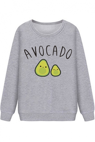 Summer Hot Popular Cartoon Avocado Print Crew Neck Long Sleeve Pullover Sweatshirt