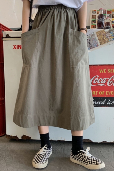 

Summer Hot Stylish Cargo Loose Pocket Side Elastic Waist Maxi A-Line Skirt, Black;green, LM548281