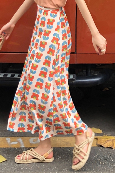 Summer Hot Stylish Sweet Womens Floral Print High Waist Maxi Skirt