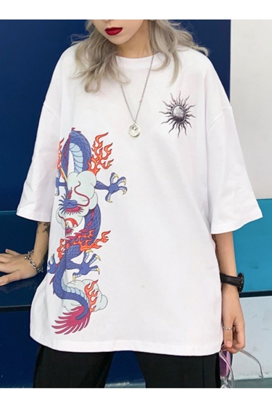 Summer New Arrival Vintage Chic Round Neck Dragon Sun Printed Oversize Loose T-Shirts